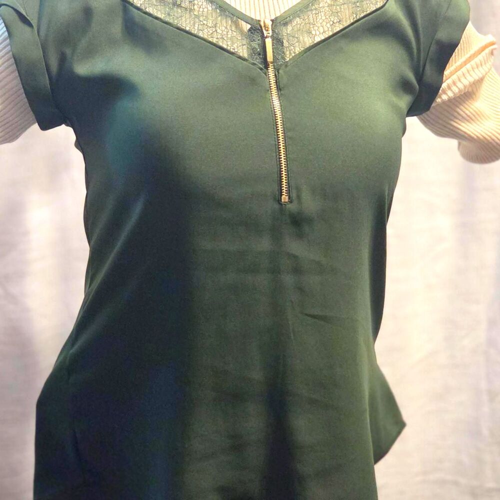 Express Lace Cap Sleeve Zippered Dark Green Top